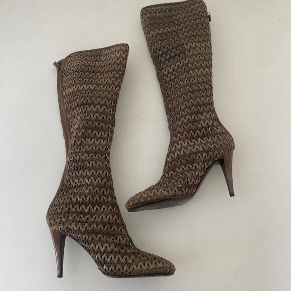 Sergio Rossi Square Toe Tall Woven Boots w Heel Shoes - Picture 2 of 11